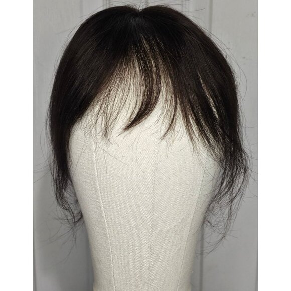 10 in Human Hair Clip Topper Dark Brown Cocoa Wispy Bangs Thinning Hair Wiglet - Picture 1 of 5